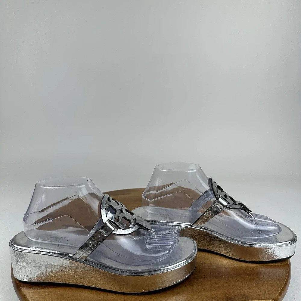 Womens Tory Burch Miller Platform Metallic Silver Leather Wedge Sandals Size 8.5 - Picture 1 of 8